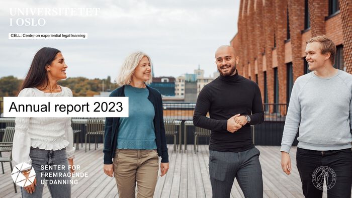Three students in front of the University of Oslo with the text "Annual report 2022" over