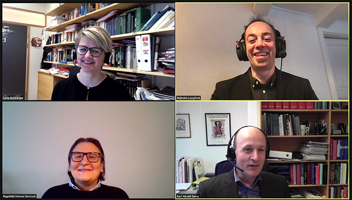 Zoom screenshot with deans at the law faculties in Oslo, Bergen and Tromsø, together with CELL director Malcolm Langford