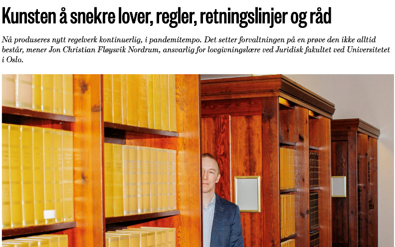 A news article about Jon Christian Fløysvik Nordrum with the title "Kunsten å snekre lover, regler, retningslinjer og råd".