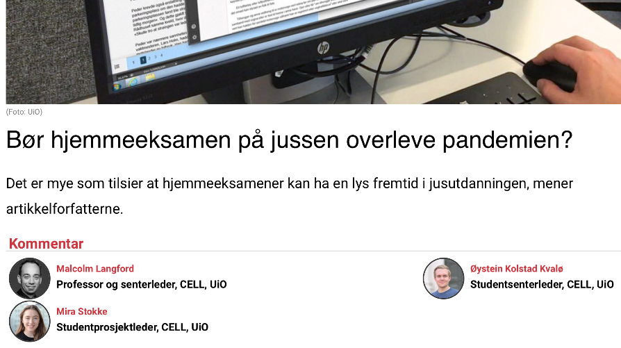 Chronicle in online newspaper Rett24 with the title "Bør hjemmeeksamen på jussen overleve pandemien?"