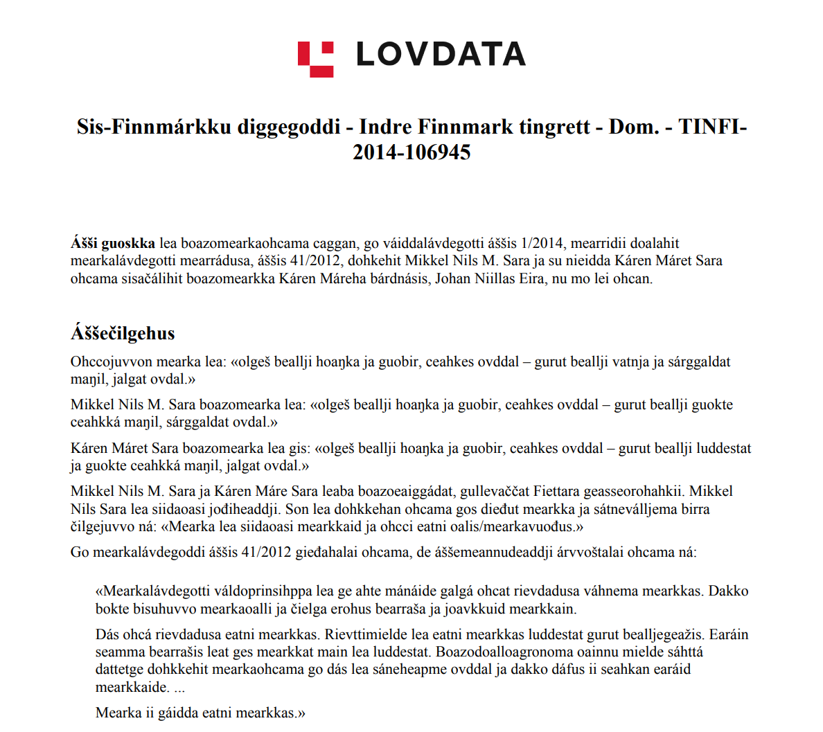 Skjermbilde av første side av dommen TINFI-2014-106945 på samisk.
