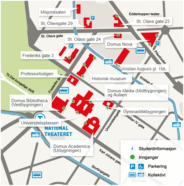 Kart over Universitetsplassen, kan lese på https://www.uio.no/om/finn-fram/omrader/sentrum/