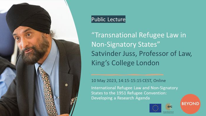 Photo of Prof. Satvinder on a green background with text reading: Public lecture: Transnational Refugee Law in Non-Signatory States