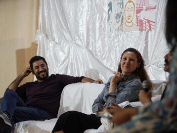 Cardboard Camp writer Yazan al-Saadi together with co-founder of Sawiyan Dina Baslan at the Beirut launch.