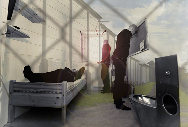 Bildemontasje av en innsatt i en fengselscelle, med fengselsmur og netting rundt. 