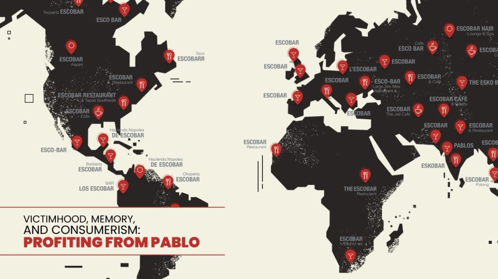 Forside av boken Victimhood, Memory, and Consumerism: Profiting from Pablo, et verdenskart på beige bakgrunn med pin drops på barer oppkalt etter Pablo Escobar.