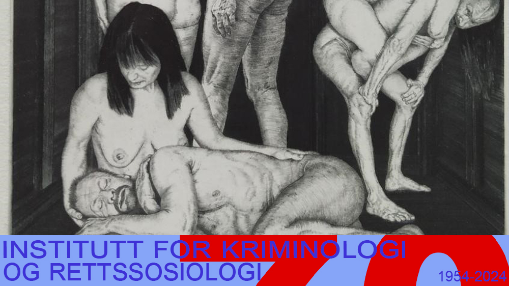 Kunst med illustrasjon av naken kvinne som holder en sovende mann i fanget.