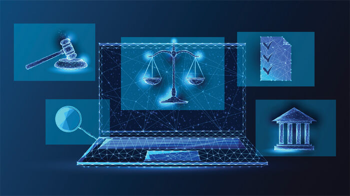 Concept of online legal advice, attorney service in futuristic glowing low polygonal style on dark blue background.