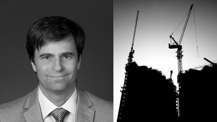Illustration photo of Ole Kristian Fauchald and a neutral building under construction meant to symbolise investments. 