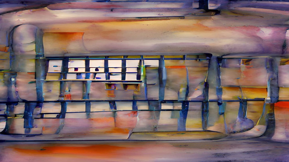 Abstrakt datagenerert bilde. Difusse duse farger, med noe som kan minne om et fengselsgitter i forkant.
