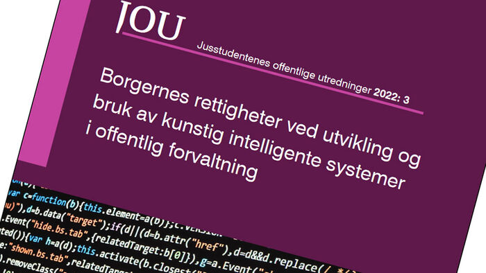 Faksimile av forsiden på JOU 2022:3, med tittel "Borgernes rettigheter ved utvikling og bruk av kunstig intelligente systemer i offentlig forvaltning.