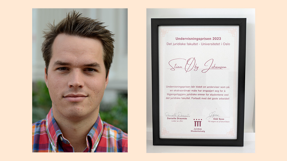A collage of a portrait of a man and a diploma for Undervisningsprisen 2023.